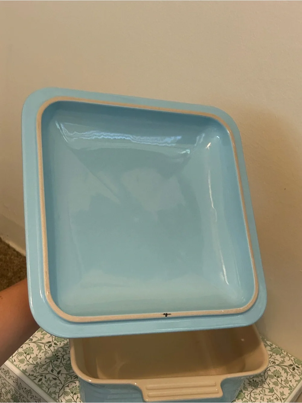 Le Creuset Light Blue Square Covered Casserole Dish with Cream Handles